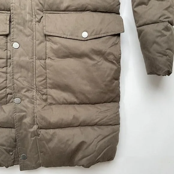 $298 Guess Men’s Alta Nylon Puffer Long Jacket With Hood In Light Brown Size XL